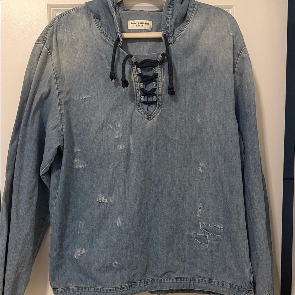 Saint Laurent Washed Denim Lace-Up Hoodie, Size XL, EUC - Picture 3 of 4